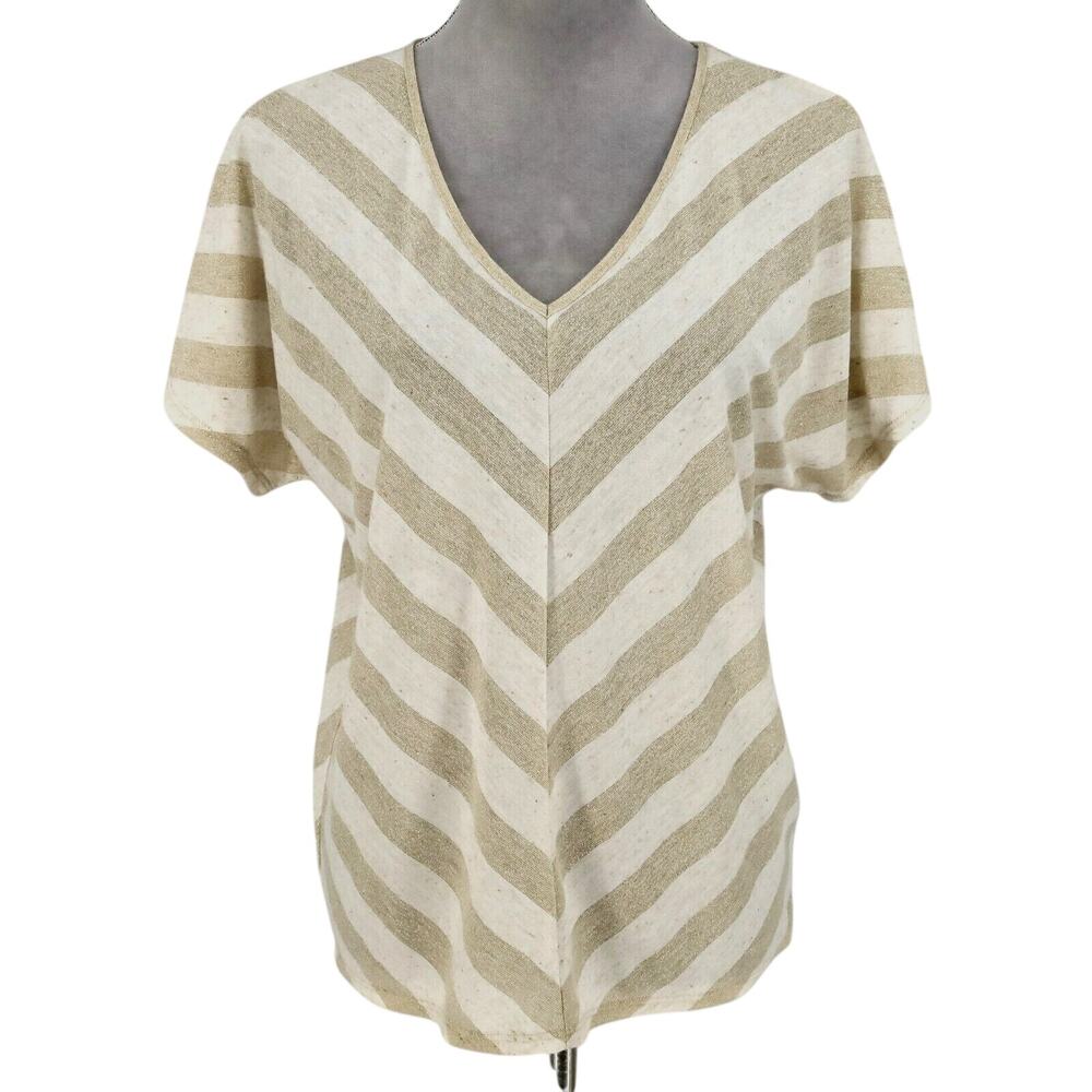 Chicos Top 1 Womens Medium Beige Gold Metallic Chevron Blouse Pullover Neutral